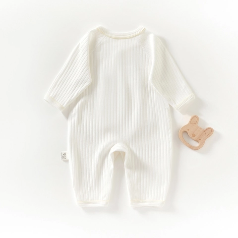 Newborn Baby Cotton Long Sleeve Romper Rabbit Embroidery Ribbed Side Tie Kimono Jumpsuit Breathable Infant Bodysuit Soft Pajamas