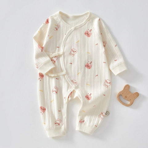 Pagliaccetto per Neonato in Puro Cotone Stile Kimono con Stampa Cartone Animato Orso Coniglio Tuta a Maniche Lunghe Autunno