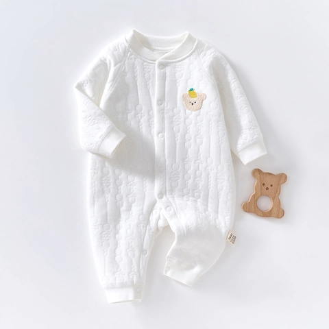 Newborn Thickened Pure Cotton Quilted Romper Long Sleeve Warm Winter Jumpsuit Cartoon Bear Print Unisex Infant Bodysuit Outfit