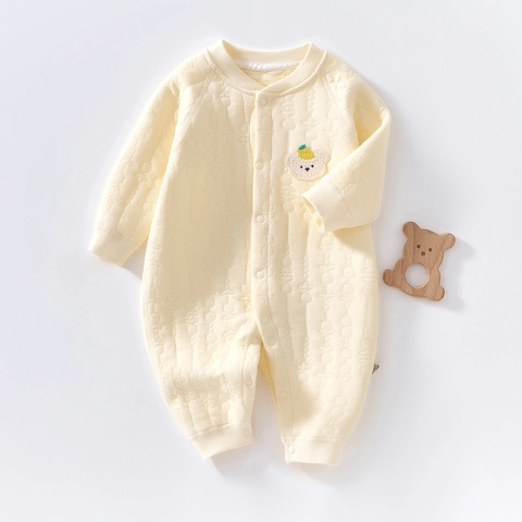 Newborn Thickened Pure Cotton Quilted Romper Long Sleeve Warm Winter Jumpsuit Cartoon Bear Print Unisex Infant Bodysuit Outfit