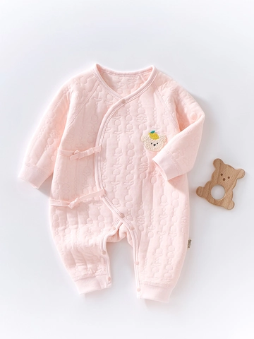 Newborn Baby Quilted Cotton Jumpsuit Thickened Winter Warm Romper Kimono Style Bear Embroidery Pajamas For Infants
