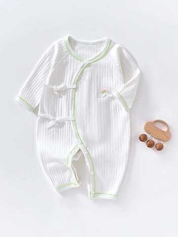 Barboteuse en Coton à Côtes pour Nouveau-né Style Kimono Combinaison Manches Longues Respirante Douce Pyjama avec Broderie Lapin