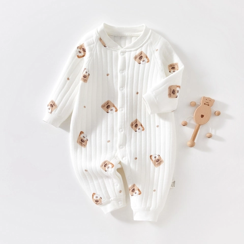Säugling Langarm Gesteppt Strampler Verdickt Baumwolle Warm Jumpsuit Cartoon Bär Druck Nahtlos Baby Body Winter Herbst Kleidung