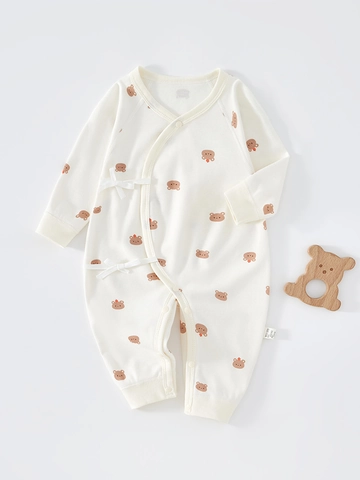 Neugeborenes Baby 100% Baumwolle Nahtloser Strampler Kimono Stil Langarm Bodysuit Jumpsuit Cartoon Bär Druck Für Frühling Herbst