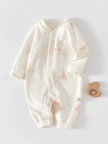 Pasgeboren Baby Katoenen Boxpakje Botvrije Naden Lange Mouwen Enkele Rij Knoppen Bedrukte Jumpsuit Casual Babykleding Fruitpatroon