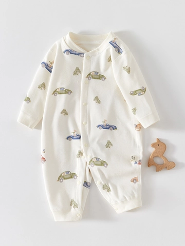 Pasgeboren Baby Katoenen Boxpakje Botvrije Naden Lange Mouwen Enkele Rij Knoppen Bedrukte Jumpsuit Casual Babykleding Fruitpatroon