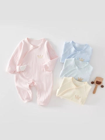 Newborn Infant 100% Cotton Ribbed Romper Angel Wings Crown Embroidery Baby Seamless Butterfly Suit Long Sleeve Clothing