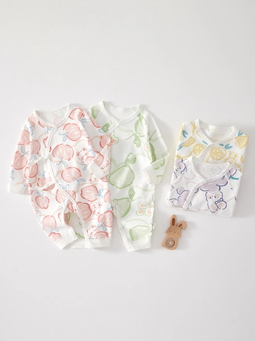 Newborn Baby Romper 100 Percent Cotton Long Sleeve Tie Side Kimono Style Jumpsuit Printed Embroidered Infant Sleepsuit