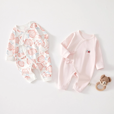 Newborn Baby Cotton Long Sleeve Side Tie Kimono Romper Fruit Cartoon Bear Print Infant Jumpsuit Comfortable Sleepwear
