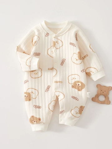 Baby Gesteppter Langarm Strampler Cartoon Bär Thermischer Jumpsuit Baumwollmischung Air Cotton Schlafanzug Für Neugeborene Unisex