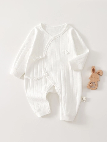 Newborn Baby Cotton Long Sleeve Romper Ribbed Seamless Butterfly Side Tie Kimono Jumpsuit Double Layer Belly Protection