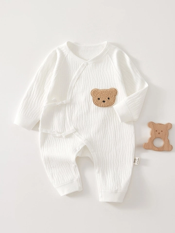 Newborn Baby 100% Cotton Long Sleeve Romper Kimono Style Tie Side Infant Jumpsuit Bear Embroidery Soft Breathable Bodysuit