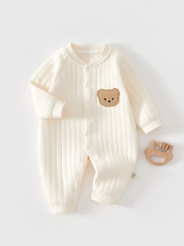 Mameluco Acolchado de Algodón para Bebé Manga Larga Estampado de Oso Mono Cálido para Recién Nacido Primavera Otoño Invierno