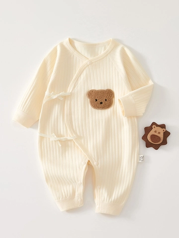 Pasgeboren Baby Katoen Geribbelde Romper Zijbinding Vlinderpak Lange Mouwen Zuigeling Jumpsuit Beer Borduurwerk Kimono Bodysuit