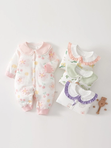 Neugeborenes Baby Strampler Wattierter Baumwoll Jumpsuit Langarm Peter Pan Kragen Blumenmuster Infant Kletterkleidung