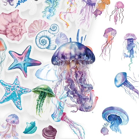 Ozean Leben PET Aufkleber Aquarell Qualle Seestern Muschel Decals Für Scrapbooking Wasserflasche Journal Dekoration DIY Cartoon Meerestiere Aufkleber