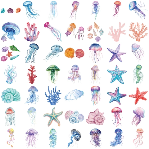 Ozean Leben PET Aufkleber Aquarell Qualle Seestern Muschel Decals Für Scrapbooking Wasserflasche Journal Dekoration DIY Cartoon Meerestiere Aufkleber