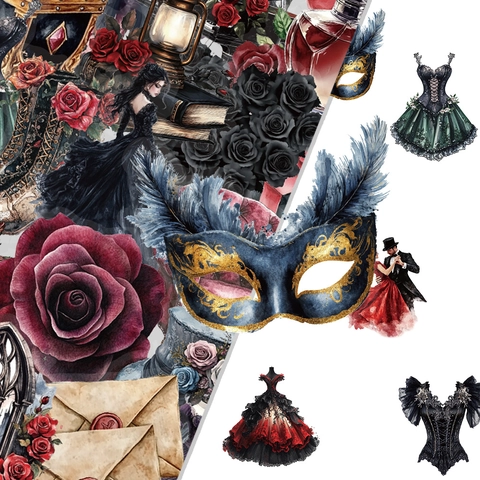 Vintage Gothic Masquerade PET Stickers Dark Rose Masque Corset Waterproof Decorative Decals For Scrapbooking Phone Case Luggage