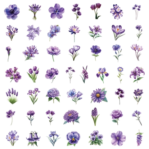 Adesivi PET Floreali Romantici Viola Fiori ad Acquerello Decalcomanie Decorative Per Scrapbooking DIY Diario Planner Cancelleria