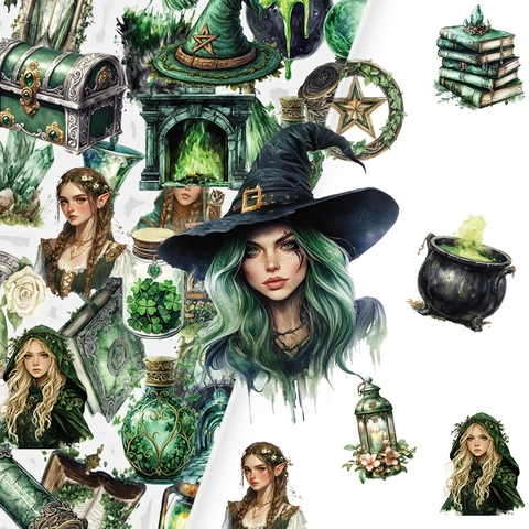Adesivi in PET Strega della Foresta Verde Smeraldo Decalcomanie Pozione Magica Oscura per Scrapbooking DIY Decorazione