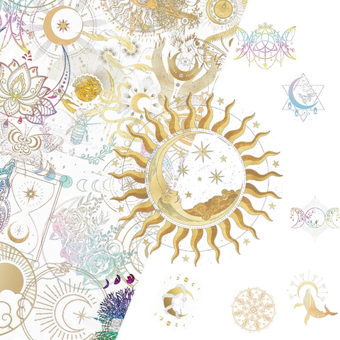 Bunter Laser PET Aufkleber Set Mystische Sonne Mond Mandala Wasserdichte Dekorative Aufkleber Für Journal Laptop Wasserflasche DIY