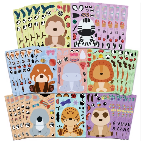 DIY Cartoon Animal Make-a-Face Stickers For Kids Educational Forest Zoo Puzzle Stickers PVC Craft Decals For Party Favor School Art