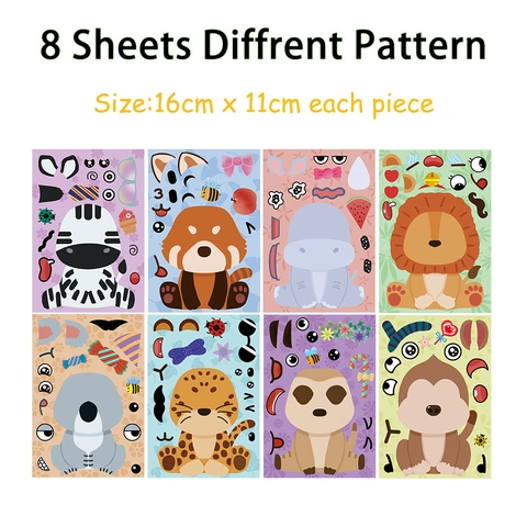 DIY Cartoon Animal Make-a-Face Stickers For Kids Educational Forest Zoo Puzzle Stickers PVC Craft Decals For Party Favor School Art