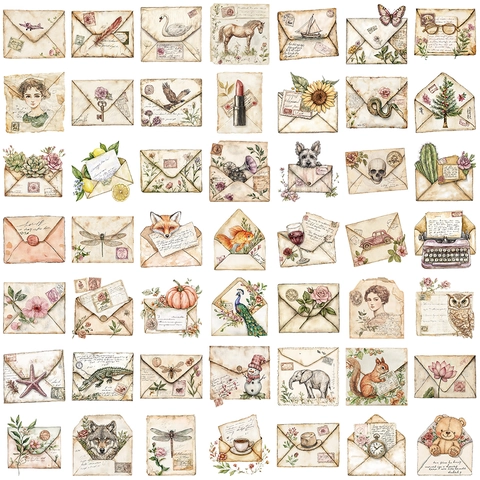 Pegatinas Transparentes de PET con Sobre Vintage Impermeables Ilustración Retro Animales Pegatinas para Scrapbooking Diario Decoración Papelería