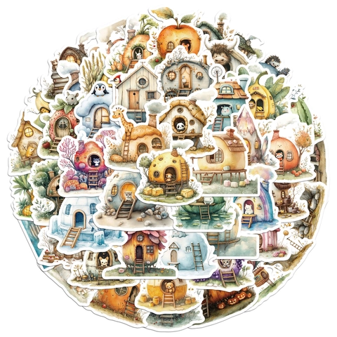 Waterproof Watercolor Hand-painted House Stickers PVC Fairy Tale Cartoon Decals For Laptop Luggage Guitar DIY Decoration