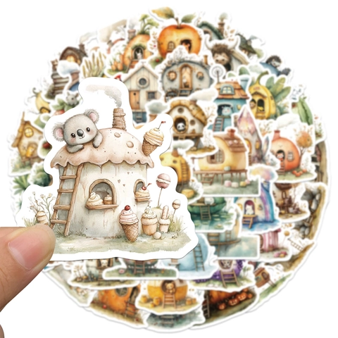 Waterproof Watercolor Hand-painted House Stickers PVC Fairy Tale Cartoon Decals For Laptop Luggage Guitar DIY Decoration