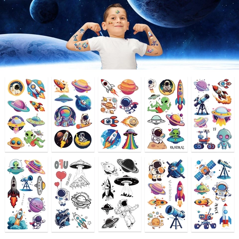 Autocollants de Tatouage Temporaire Espace Astronaute pour Enfants Imperméable Dessin Animé Univers Fusée Planète Motif OVNI