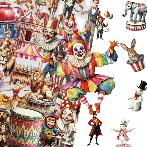 Vintage Adesivi in PET Impermeabili a Tema Circo Pagliaccio Elefante Leone per Scrapbooking Fai da Te Diario Bambini Adesivi Decorativi