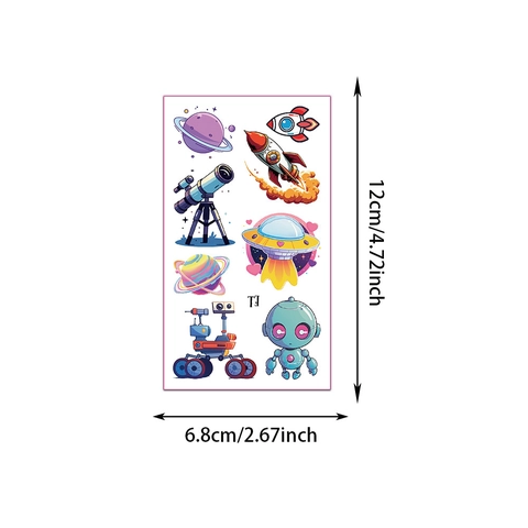 Autocollants de Tatouage Temporaire Espace Astronaute pour Enfants Imperméable Dessin Animé Univers Fusée Planète Motif OVNI