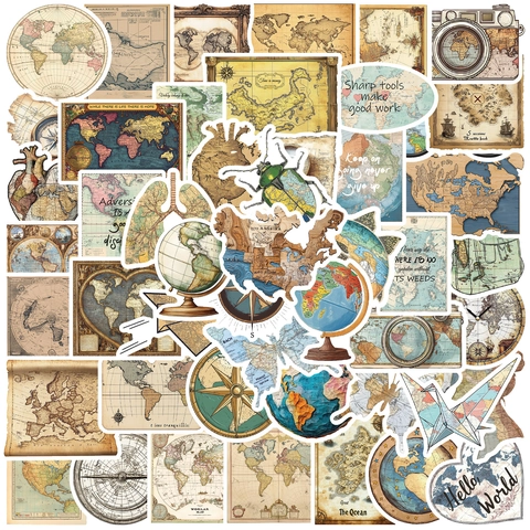 50 Pezzi Adesivi Mappa del Mondo Vintage Impermeabile Viaggio Retro Decalcomanie per Bagagli Laptop Scrapbooking Diario