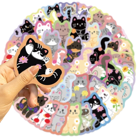 Autocollants en PVC Imperméables Chat de Dessin Animé Floral pour Ordinateur Valise Journal Scrapbooking Décoratif