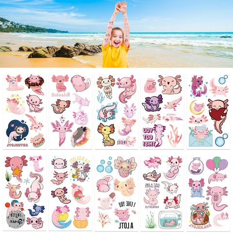 Cartoon Axolotl Tijdelijke Tattoo Stickers Voor Kinderen Roze Salamander Waterdicht Wegwerp Body Art Dier Patronen