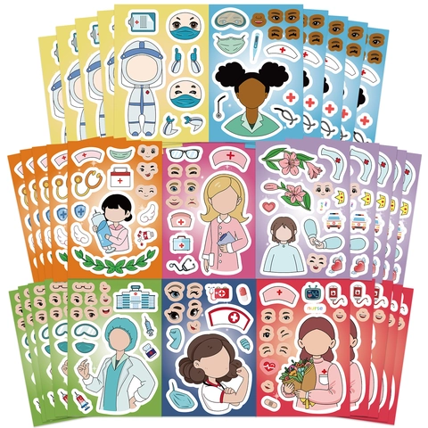DIY Krankenschwester Gesichtswechsel Aufkleber Cartoon Medizinische Thema Wasserdichte PVC Aufkleber Für Kinder Handwerk Geschenk