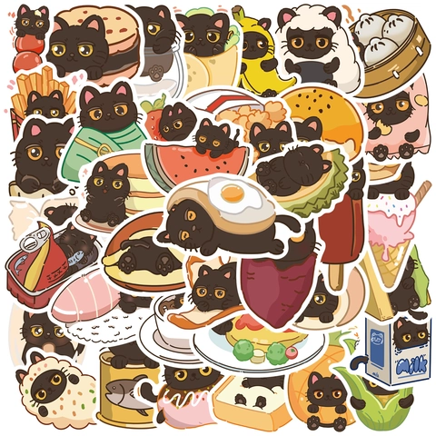 Cartoon Black Cat Food Theme Stickers Waterproof PVC Decals For Laptop Water Bottle Luggage Scrapbook Journal DIY Decor