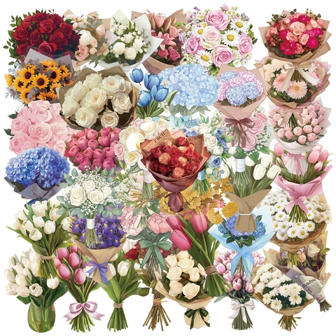 Aesthetic Flower PET Stickers Waterproof Transparent Floral Bouquet Scrapbooking Labels For DIY Journal Planner Decoration