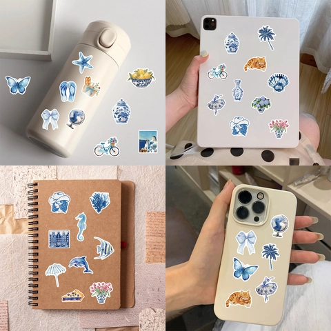 Adesivi Estetici Blu Acquerello Stile Mediterraneo Impermeabili per Laptop Valigie Scrapbooking Diari Decorazione Cancelleria