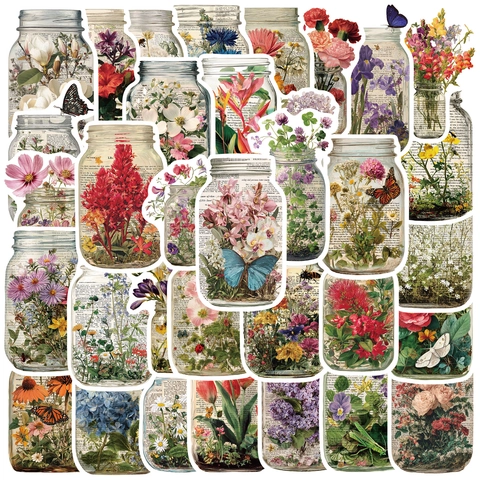 Adesivi Vintage Barattolo di Vetro Floreale Impermeabile PVC Decalcomanie Decorative per Scrapbooking Diario DIY Laptop
