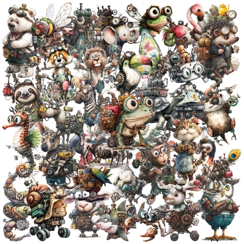 Steampunk Animal PET Stickers Waterproof Mechanical Bear Lion Fox Decorative Decals For Laptop Phone Scrapbook Journaling