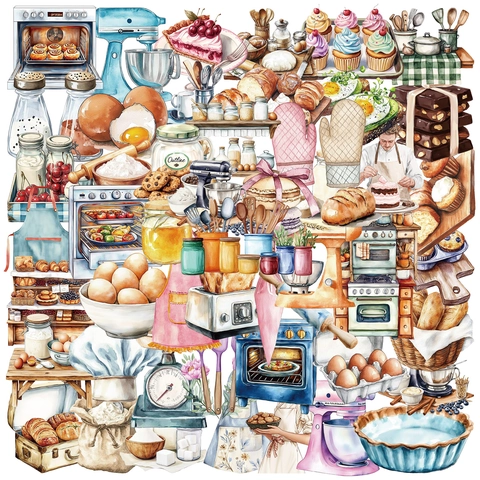 Baking Theme PET Stickers Hand Drawn Watercolor Food Bread Cake Decorative Waterproof Decals For DIY Journaling Scrapbook