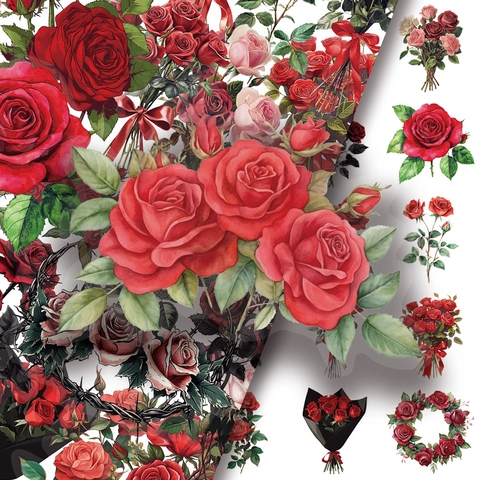 Confezione di Adesivi PET Rosa Rossa Vintage Decalcomanie Floreali Estetiche per Scrapbooking Diario DIY Laptop Valigia Arredamento