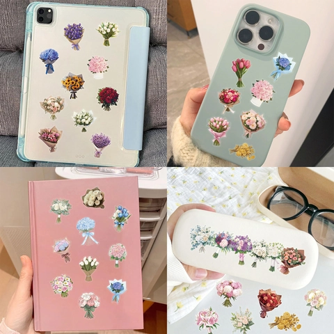 Aesthetic Flower PET Stickers Waterproof Transparent Floral Bouquet Scrapbooking Labels For DIY Journal Planner Decoration