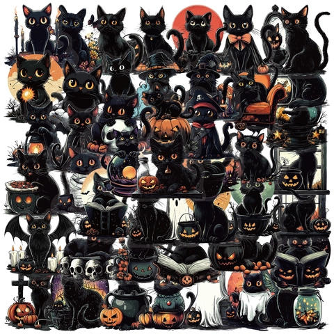 Adesivi per Gatti Neri di Halloween in PET Trasparente Impermeabile Decalcomanie DIY per Custodia Telefono Laptop Bagaglio