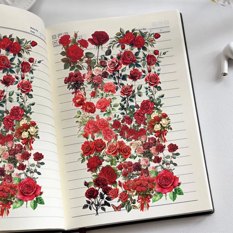 Confezione di Adesivi PET Rosa Rossa Vintage Decalcomanie Floreali Estetiche per Scrapbooking Diario DIY Laptop Valigia Arredamento