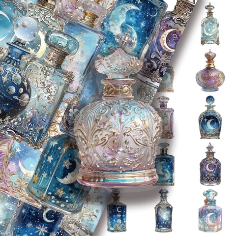 Adesivi PET Vintage a Forma di Bottiglia con Fasi Lunari Decalcomanie Decorative Galassia Celeste per Scrapbooking Fai da Te
