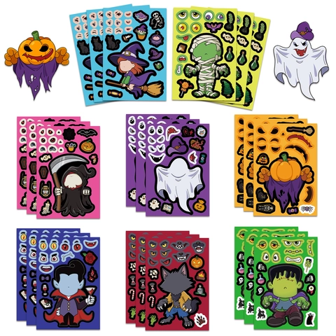Adesivi Puzzle Fai-da-te di Halloween Make A Face Fantasma Cartone Zucca Mummia Strega Mostro Adesivi per Bambini Regali Festa Adesivi Decorativi