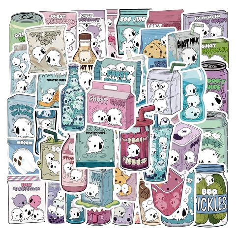 50 Pezzi Simpatici Adesivi a Forma di Fantasma Cibo Bevanda Impermeabili PVC Cartone Animato Doodle per Valigia Laptop Skateboard Frigo Halloween